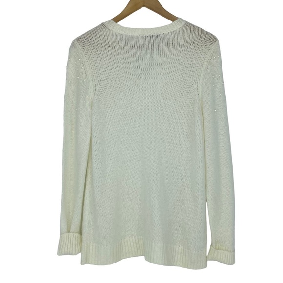 NWT LOFT cream pearl beaded embellished crew neck soft sweater wms sz Lg - Picture 3 of 8